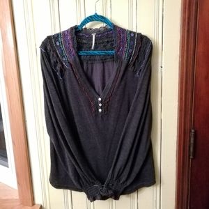 Free People Charcoal Blouse with Vibrant Embroidery